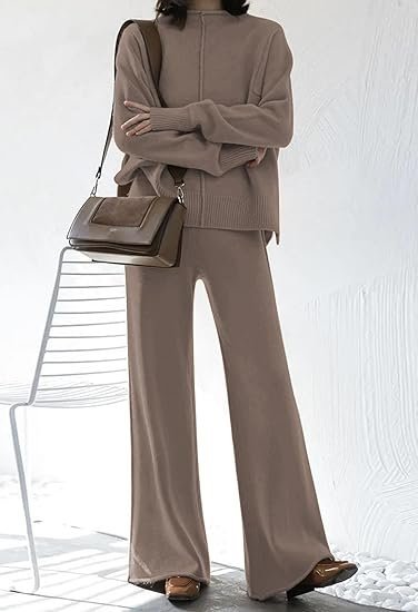Women's 2 Piece Sweatsuit Outfits Long Sleeve High Neck Knit Pullover Sweater Top High Waist Wide Legs Pants Lounge Set - Image 3