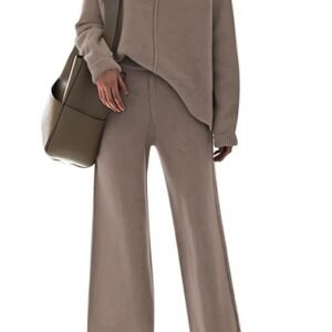 Women's 2 Piece Sweatsuit Outfits Long Sleeve High Neck Knit Pullover Sweater Top High Waist Wide Legs Pants Lounge Set