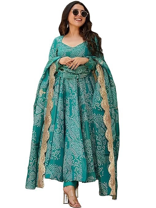 Women's Bandhani Print Flared Anarkali Muslin Kurta Set with Pant & Stylish Dupatta Ethnic Long Sleeve Dress Suit Set