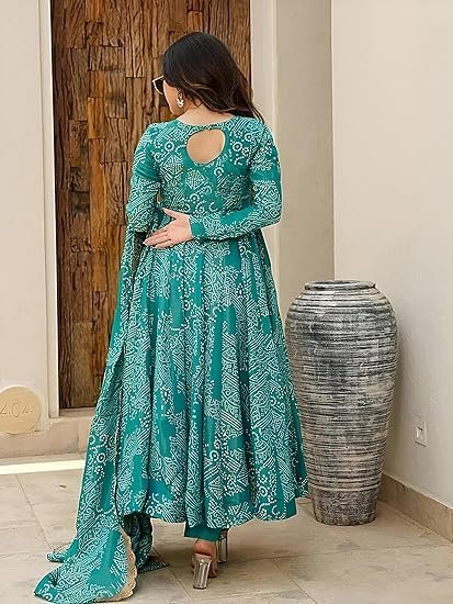 Women's Bandhani Print Flared Anarkali Muslin Kurta Set with Pant & Stylish Dupatta Ethnic Long Sleeve Dress Suit Set - Image 2