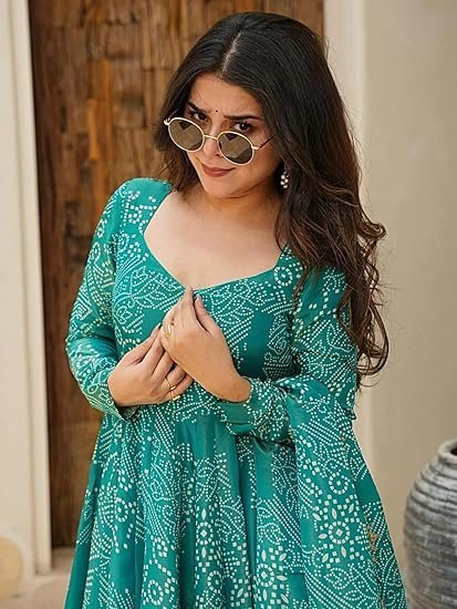 Women's Bandhani Print Flared Anarkali Muslin Kurta Set with Pant & Stylish Dupatta Ethnic Long Sleeve Dress Suit Set - Image 4