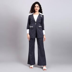 Navy Blue Oversized Blazer for Women Contrast Peak Collar & Cuffs with Tailored Wide-Leg Pants, Chic Office & Evening Co-Ord Outfit