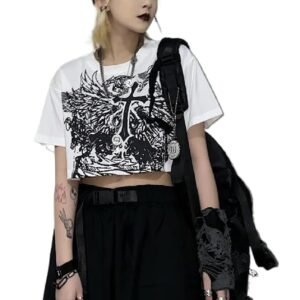 Women's Skeleton Ribcage Shirt Round Neck Short Sleeve Portrait Print T Shirts Vintage Oversized Y2k Tee Top |Short C White |M