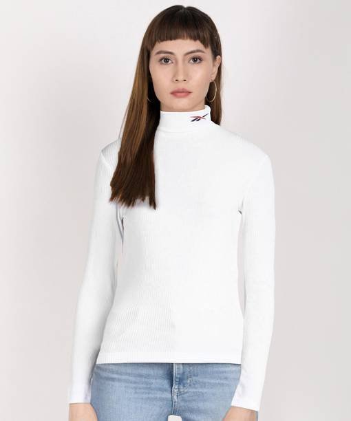 Striped Women Turtle Neck White T-Shirt