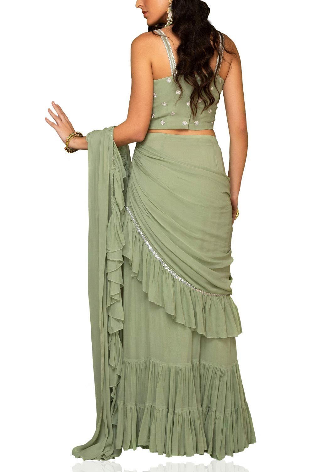 Women's Faux Georgette ready to wear Frill saree with unstitched blouse(WES1185)