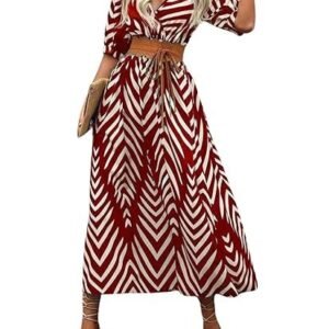Women's V-Neck Slit Maxi Dress Printed Boho Style, Short Sleeve, Tie Waist, Summer Casual Outfit