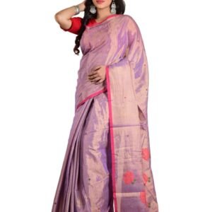 Women's Traditional Handloom Tissue Saree, with Red Flower Motif,