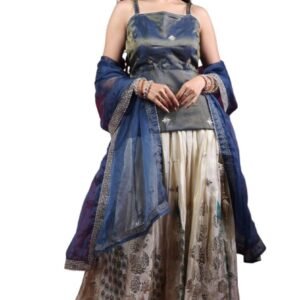 Women's Traditional Lehenga Choli Set, Blue & Beige, Silk Blend with Mirror Work, Zari & Thread Embroidery, Organza Dupatta, 3 Pieces
