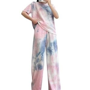 Women’s Tie-Dye Pajama Set | Relaxed Fit Short Sleeve Top & Long Pants Sleepwear | Soft & Comfy Lounge Wear Set with Pockets Winter wear Nightdress for Women | Trendy Korean Nightsuit Set