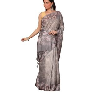 Women's Floral Printed Design with Zari Stripes Coordinated Pallu And Zari Striped Blouse