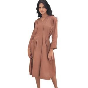 Breeze Linen Nutshell Midi Dress | Organic Linen V Neck Full Sleeve Style | Relaxed Fit Women’s Outfit