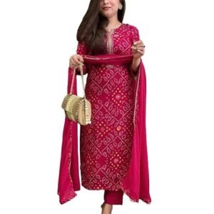 Women's Rayon Viscose Straight Bandhej Printed Kurta with Pant & Dupatta