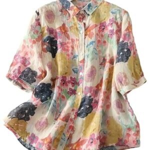 Women’s Casual Button-Down Shirt with Multicolor Floral Print & Half Sleeves, Collar Neck