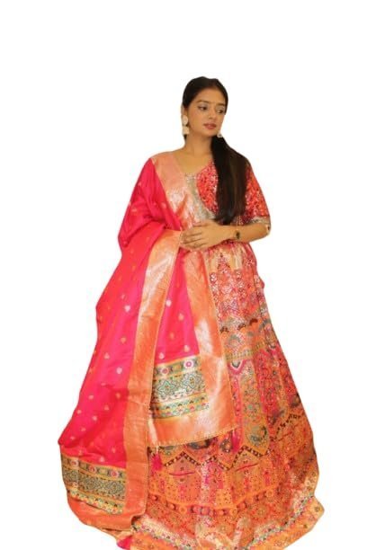 Women’s Heavy Patola Printed Silk Lehenga Choli with Mirror Work Blouse & Zari Border Dupatta | Wedding, Navratri, Festive Ethnic Wear for Girls & Women