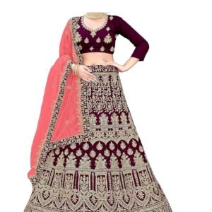 Women's 9000 Velvet Semi-Stitched Lehenga Choli (ME-2360_Purple, Wine_Free Size)