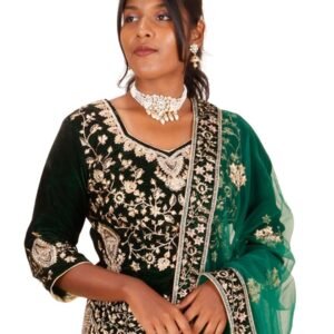 Women's Green & Black Embroidered Lehenga Set | Net Silk & Velvet | Sequin Work | Free Size | 42-Inch Flared Skirt with 7-Inch Border | 18-Inch Top Length | 228 cm Dupatta
