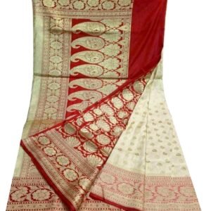 Banarasi Katan Silk Saree With All Over Golden Zari Border - White Red
