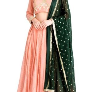 Women's Peach and Dark Green Embroidered Lehenga Choli Set, 3 Piece Contemporary Style