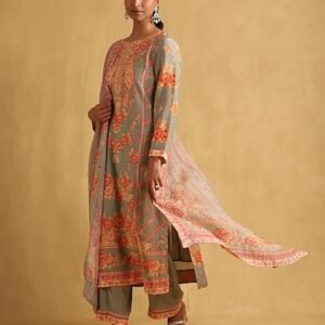 Green Floral Print Chanderi Kurta With Palazzo And Dupatta