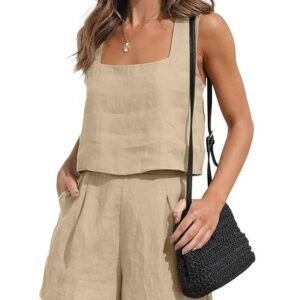 Womens 2 Piece Outfits Lounge Matching Sets Two Piece Linen Shorts Crop Tops 2023 Trendy Clothes Summer Vacation Set, Khaki, Medium