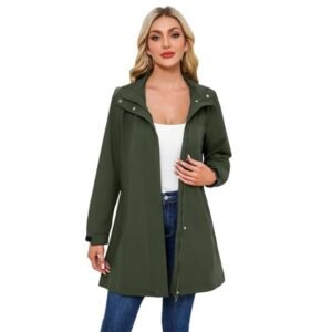 Women’s Long Waterproof Raincoat Detachable Hood Full Zip Button Casual Winter Jacket