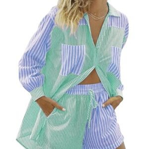 Women’s 2 Piece Casual Tracksuit Outfit Sets Stripe Long Sleeve Shirt And Loose High Waisted Mini Shorts Set
