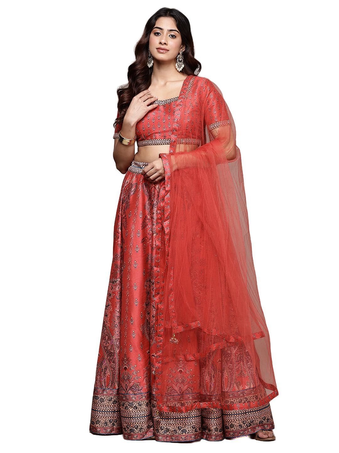 Women's Red Tuberose Square Neck Blouse With Lehanga And Dupatta