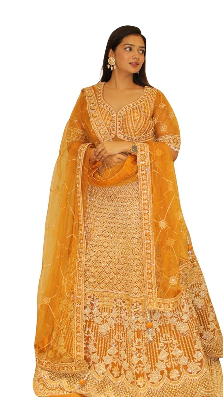 Women's Yellow Embroidered Lehenga Choli with Net Dupatta, Ethnic Dress, Pearl Embellished Traditional Indian Bridal Outfit