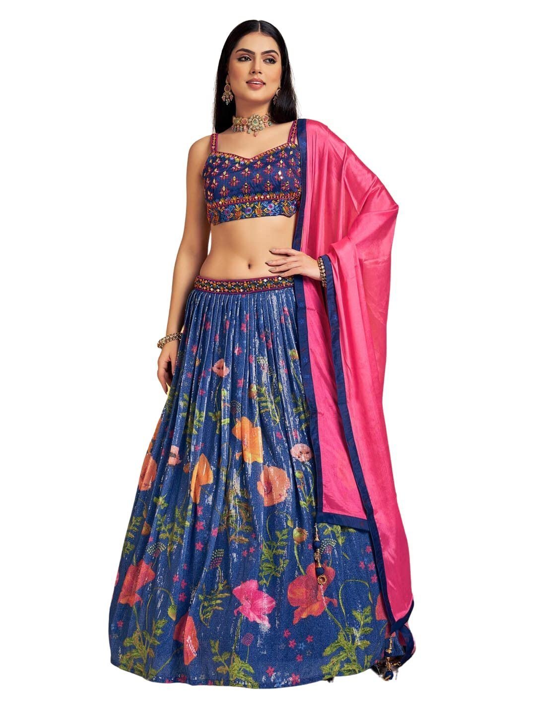 Women's Navy Blue Sequins Lehenga with Handwork Blouse and Printed Lehenga