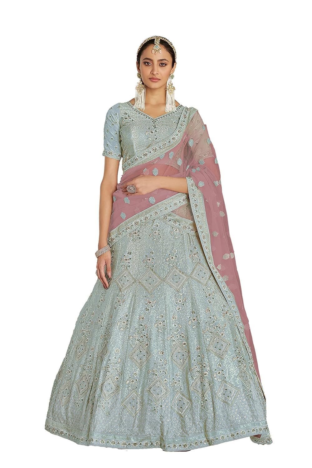 Women's Turquoise Color Kalidar Lehenga Choli With Contrast Dupatta For Women