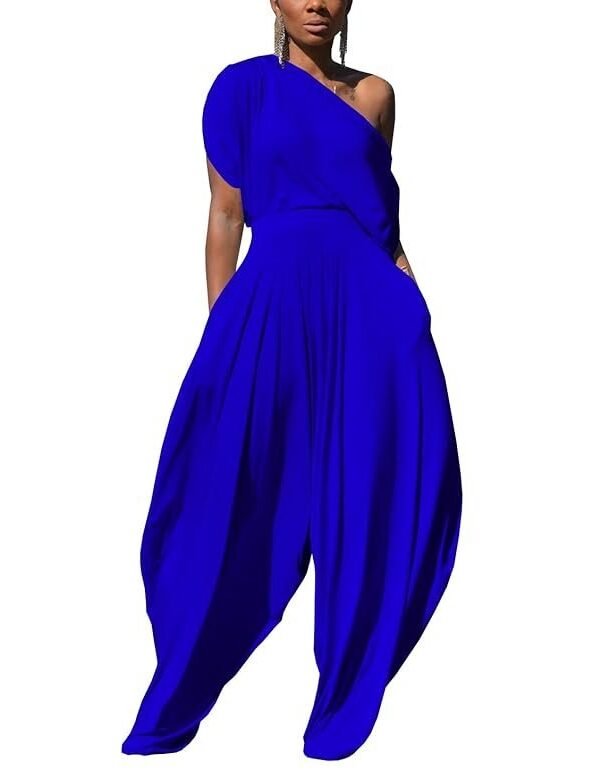 Womens 2 Piece Outfits Solid Short Sleeve Off One Shoulder Pullover Top and Loose Harem Pants Set Tracksuits