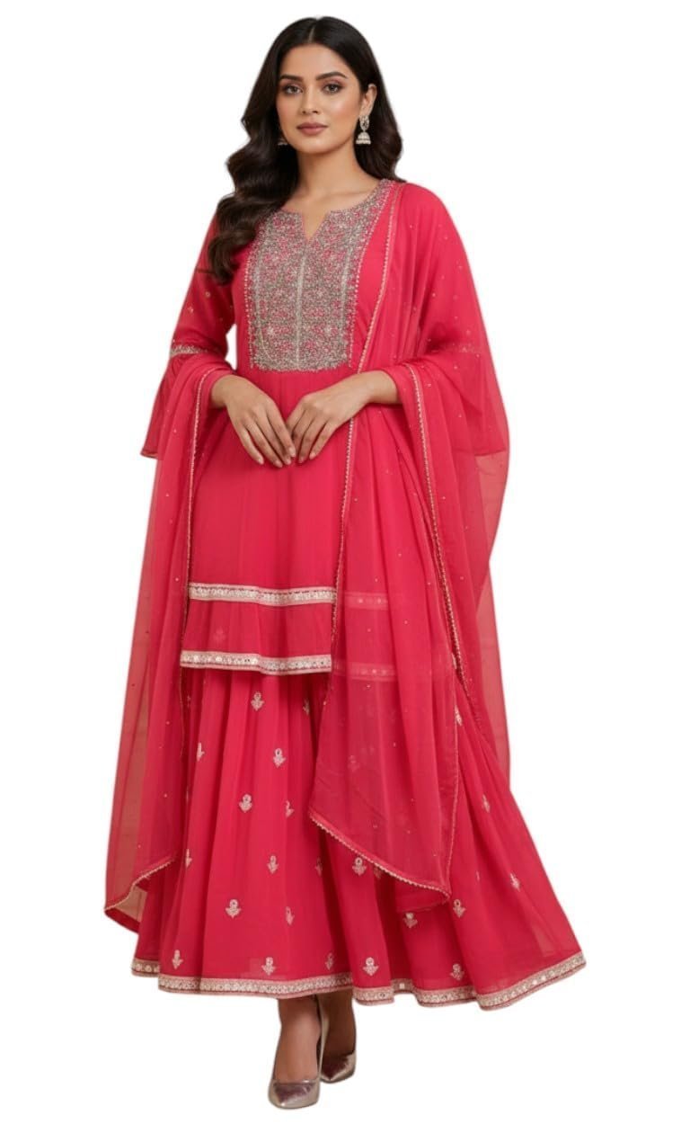 Women 's V Neck Printed Lehanga Set with Chiffon Dupatta (Pink-M)