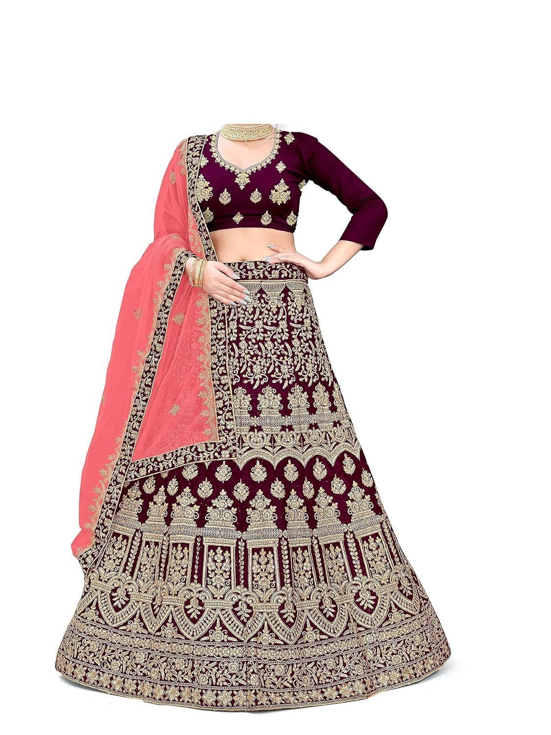 Women's 9000 Velvet Semi-Stitched Lehenga Choli (ME-2360_Purple, Wine_Free Size)