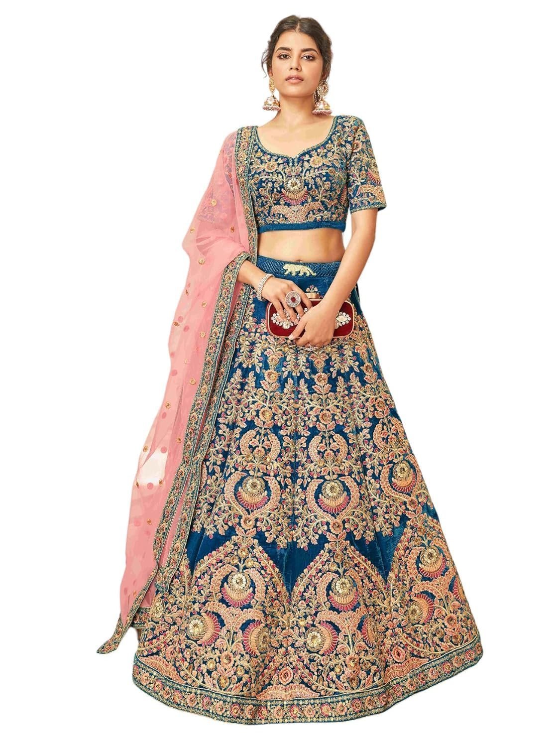Women's Clothing Blue Heavy Embroidered Velvet Semi-Stitched Lehenga Choli For Women (7071-Blue-Wedding-Bridal-Latest-New; Blue_Free Size)